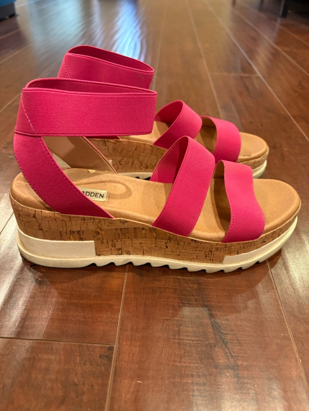 Steve Madden Ladies Pink Elastic Strap Cork Wedge Sandals